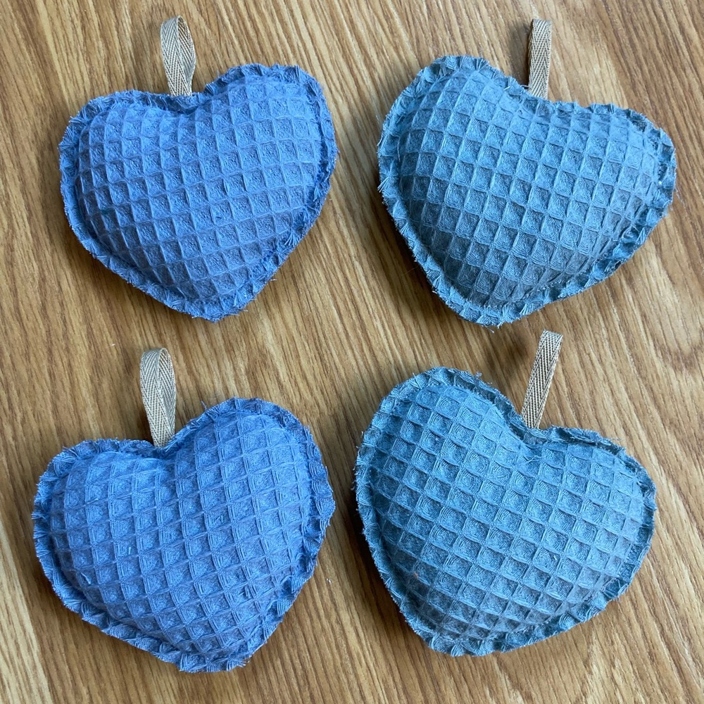 Hearts That Help. Handmade by me Set of 4 Blue Heart-Shaped fabric ornaments
